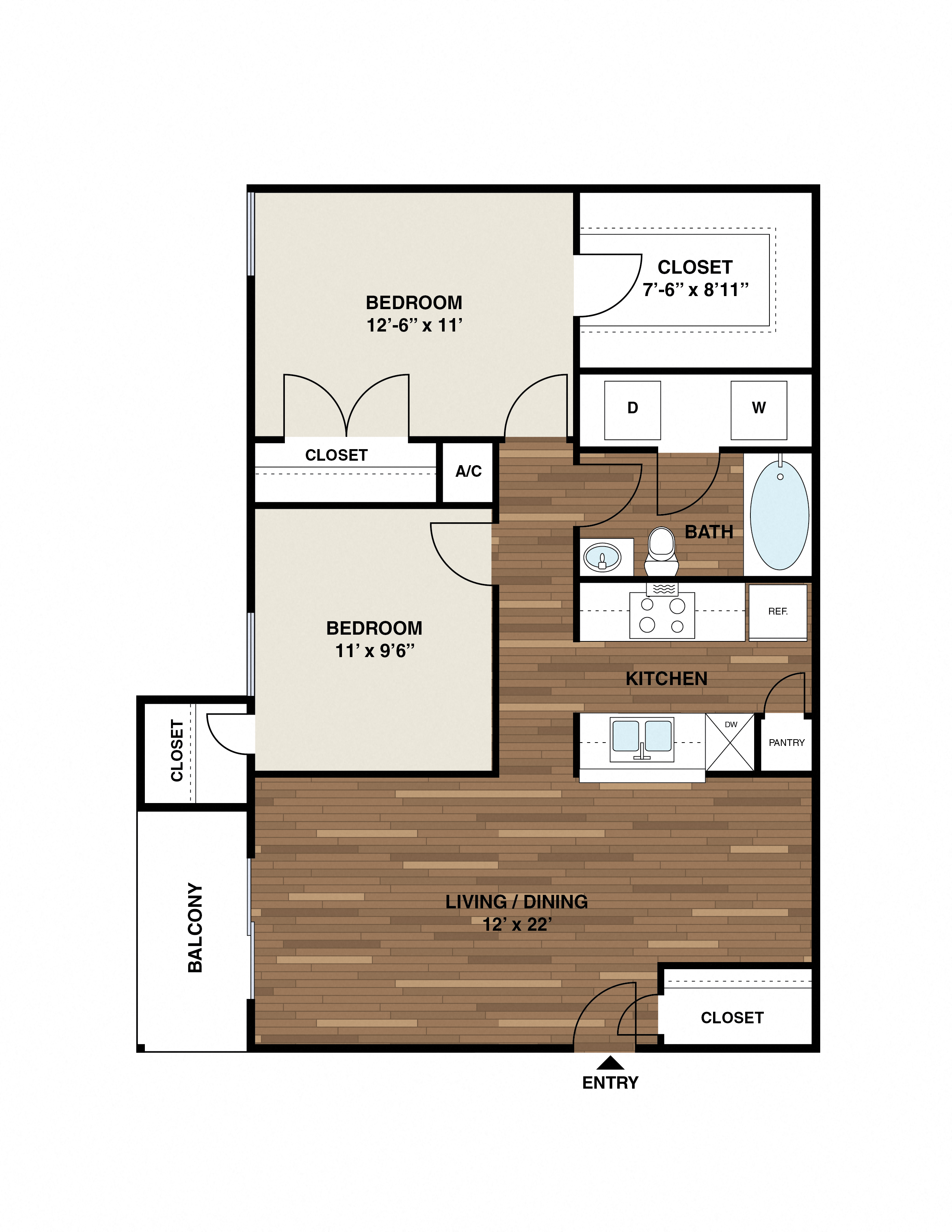 Floor plan for 2 beds, 1 bath, 850 sqft